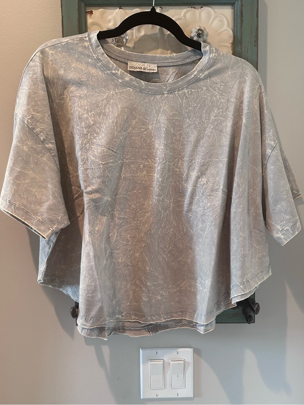 Zenana Halo Snow Washed Oversized Crop Round Hem Tee Exposed Seam Light Grey